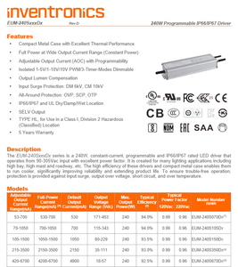 Inventronics EUM-240S105DG 240W Constant Power LED Driver 70‑1050mA 115‑343V IP67 0‑10V PWM <b>Timer</b> Dimmable Waterproof - Product Image 2