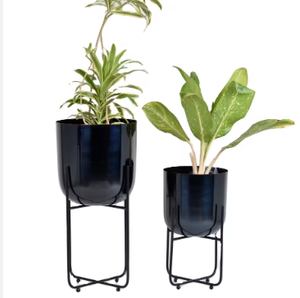 Ensemble de jardinières en fer noir brillant, 2 supports dorés, très demandé |   Logo personnalisé, écologique, durable, léger, pour l'intérieur/l'extérieur, style ferme - Product Image 4