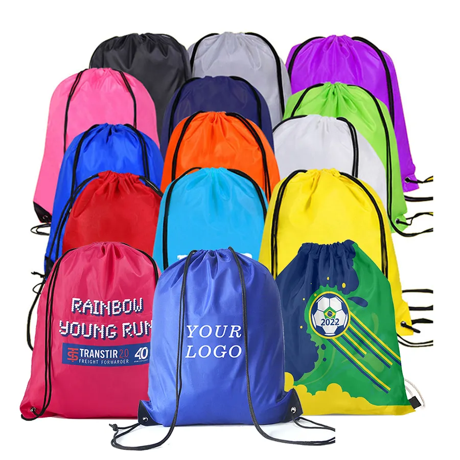 Logo personnalisé imperméable 210D, sac en nylon pour chaussures de sport, sac à dos en polyester avec cordon de serrage