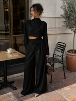 Ensemble deux pièces pour femmes Joydressing, haut court à col haut ivoire, pantalon large à nouer à la taille, vente en gros