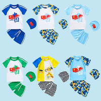 Baju Renang Dua Potong Bahan Spandex/Polyester Bernapas dengan Motif Kartun dan Topi Renang untuk Pria, Remaja Laki-laki, dan Anak-anak