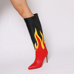 2022 Red Fire Pattern Pointy Toe Thin High Heel Boots Big Size 44 Short Knee High Women Boots Slip-on <b>Shoes</b> Winter Spring - Product Image 5