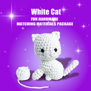 White Cat Crochet Kit Textile Fabric Crafts Handicraft Set Yarn Hook Safety Eyes Stitch Marker Needle Scissors Includes Tutorial