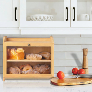 Boîte de rangement pour pain en bambou Mu Yao, double couche, en bois, pour cuisine, avec porte en verre, pour pain frais et pâtisseries - Product Image 3