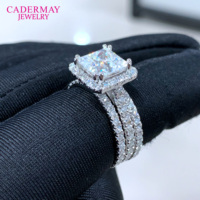 Classique 925 argent 3ct 3 carats princesse coupe moissanite halo anneau pavé moissanite diamant fiançailles bague de mariage ensemble pour les femmes