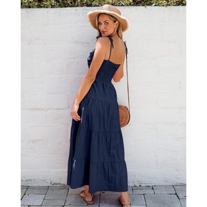 Robe longue fluide mi-longue pour femme 2025, à volants, avec découpe et bretelles spaghetti à nouer soi-même, tenue de vacances d'été ou de soirée - Product Image 6