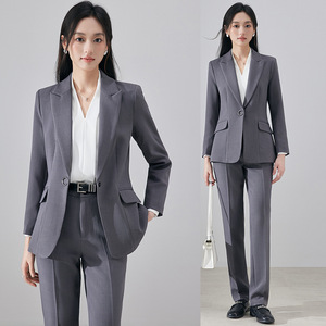 Women's Professional Suit Set Gray Polyester Elegant Slim Fit For Office Workwear Spring Autumn Commute Interview Wear - Product Image 1