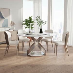 Tavolo da Pranzo Rotondo Bianco Lucido con Gambe in Acciaio al Carbonio e 6 Sedie, Arredamento per Cucina e Sala da Pranzo - Product Image 6