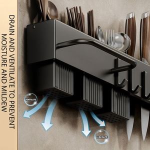 Cooking Utensils Holder Wall-Mounted Chopsticks <b>Storage</b> <b>Kitchen</b> Knives Holder <b>Rack</b> Smart Kitchenware Organizer With Steel Hooks - Product Image 2