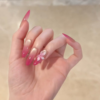 Faux ongles portables faits main de longueur moyenne, motif floral œil de chat rose, style Glam Girl, autocollants pour nail art, pointes d'ongles artificielles