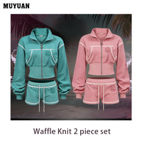 Ensemble de survêtement athlétique 2 pièces en tricot gaufré pour femme 2026 – Hoodie à manches longues et short – Tenue de sport décontractée avec logo personnalisé pour le quotidien