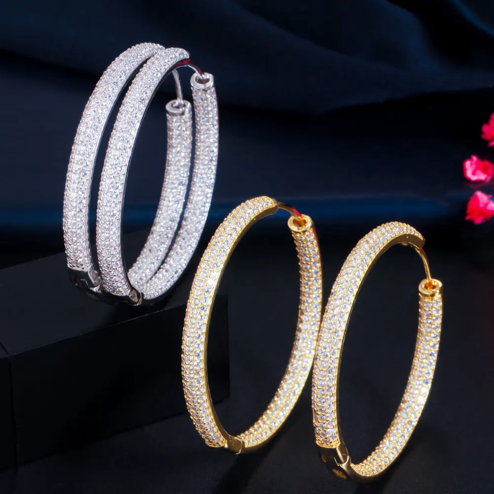 Stunning Double Sided Cubic Zirconia Big Circle Round Hoop Earrings for Women 2022 Trendy Gold Plated Jewelry Accessories