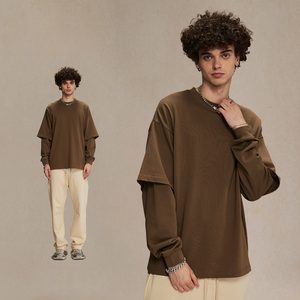 Nueva Colección de <span class=keywords><strong>Ropa</strong></span> Masculina de <span class=keywords><strong>Marca</strong></span> de Moda Otoñal, Camiseta Básica de Punto 100% Algodón, Diseño Sólido, Holgada, Informal, de Dos Piezas - Product Image 2