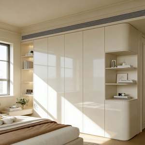 Armoire moderne simple à finition brillante |   Design intégré beige + étagères latérales |   Meubles de rangement pour vêtements de chambre à coucher sur mesure - Product Image 1
