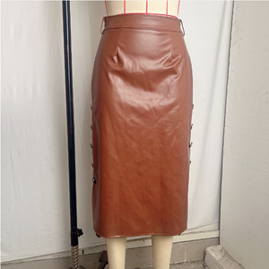 Jupe midi moulante vintage fendue sexy en similicuir PU pour <span class=keywords><strong>femme</strong></span>, taille haute boutonnée - Product Image 4
