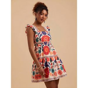 FOXA Women's Floral Print Short <b>Dress</b> <b>Elastic</b> Waist Square Collar A-Line Vacation Casual <b>Dress</b> - Product Image 5