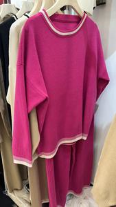 Setelan Sweater wanita, atasan lengan panjang leher bulat warna polos, celana rajut kaki lebar, Set Sweater kasual untuk musim dingin - Product Image 5