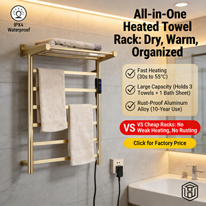 Moderno Radiatore Elettrico Orizzontale in Metallo Dorato Spazzolato con Mensola, Scaldasalviette e Barra Riscaldante - Product Image 3