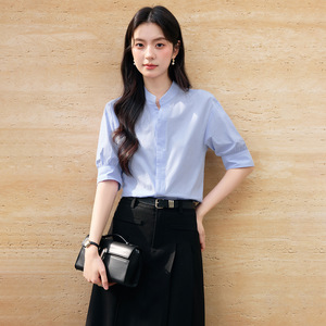 Women's Short Sleeve Shirt <b>Stand</b> Collar Solid Color Cotton <b>Work</b> Office Wear 2026 New OL Commute Interview Top - Product Image 1