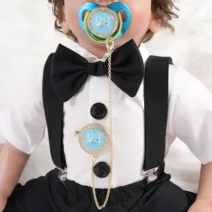 Bow tie Diamond Bling Gold Pacifier With Clip Chain Natural Rubber Food Grade Bpa Free Exclusive Pacifier For Newborns