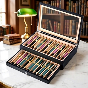 Estuche de Exhibición para Bolígrafos de Lujo en Negro Mate Lacado, Caja Organizadora de 2 Niveles con 24 Ranuras para Plumas Estilográficas, Cofre de Almacenamiento de Madera con Ventana de Vidrio - Product Image 1