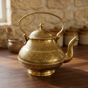 Oriental Metal Tea Kettle With <b>Lid</b> And Handle Decorative Gold Finish Water <b>Pot</b> - Product Image 4
