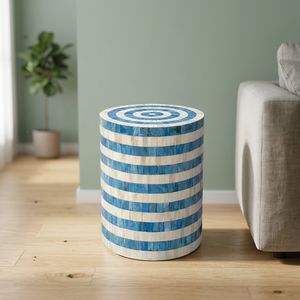 Mesa Auxiliar Redonda Moderna de Madera con Patrón de Rayas Azules y Blancas para Decoración de Sala de Estar, Mueble Decorativo de Interior - Product Image 1