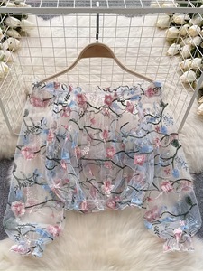 Camicette da <span class=keywords><strong>donna</strong></span> in <span class=keywords><strong>lino</strong></span> per la primavera estate Casual maniche a sbuffo camicie di pizzo con motivo geometrico all'ingrosso top vestiti - Product Image 2