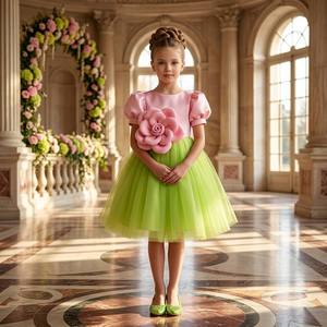 Robe <span class=keywords><strong>de</strong></span> princesse d'été pour filles avec manches bouffantes florales 3D, tenue <span class=keywords><strong>de</strong></span> fête d'anniversaire, robe <span class=keywords><strong>de</strong></span> cérémonie pour enfants - Product Image 2