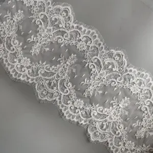 Encaje de pestañas con cable para boda, 25cm de ancho, en Blanco y Negro, disponible