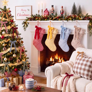 Chaussette de Noël rustique personnalisée en toile à carreaux gingham, avec bordure en dentelle et volants, style vintage, décoration de fêtes très prisée - Product Image 4