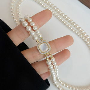 Shijia Pearl Sugar Cube Double Layer Necklace For Women Elegant Geometric Design With Bezel Setting Daily Wear Fashion Jewelry - Product Image 5