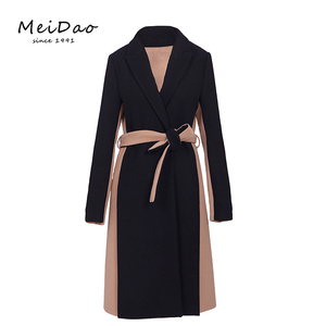 MEIDAO-040016 de Femmes Unique Poitrine Noir Et Chameau Ceinturée Wrap Longue Laine <span class=keywords><strong>Manteau</strong></span> - Product Image 1
