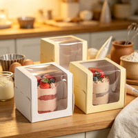 Boîte à gâteau en carton blanc avec fenêtre en PET, prix d'usine, emballage de boulangerie robuste et pliable, support de logo personnalisé, faible MOQ
