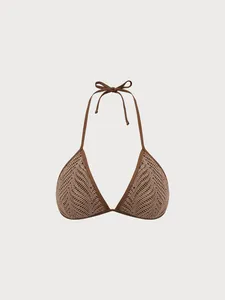 Maillot de bain sexy en tricot à coupe haute pour femmes, couverture de plage, bikini triangle dos nu texturé marron en crochet
