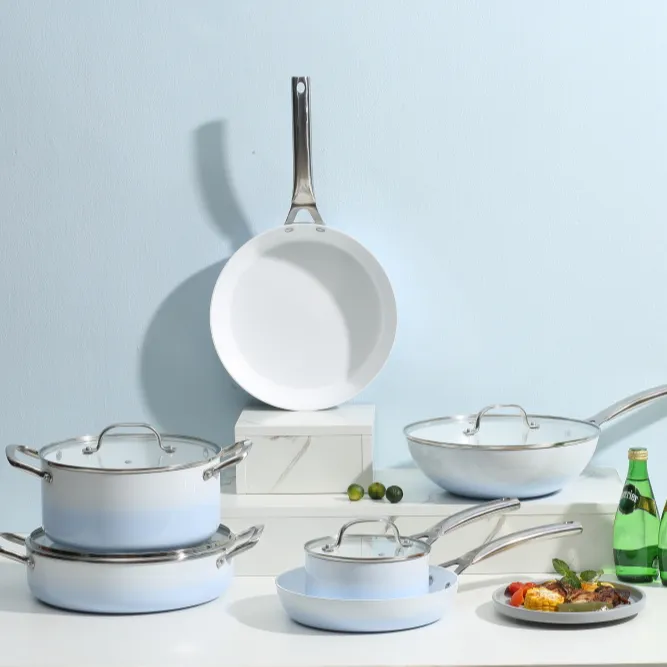 Niet Giftig Keramische Blue Sky Kleur Aanpasbare S Koken Potten En Pannen Kookgerei Sets Met Glazen Deksel Roestvrij Staal Koken pot Set