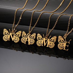Nuevo Collar de Moda Unisex con Colgante de Ala de Mariposa y Cadena de Eslabones de Acero Inoxidable, con 26 <span class=keywords><strong>Letras</strong></span> Huecas - Product Image 2