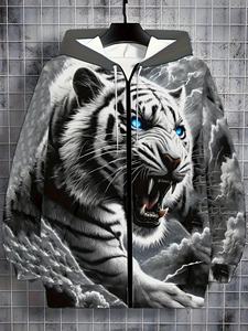 Felpa con Cappuccio Oversize da <span class=keywords><strong>Uomo</strong></span> Stile Streetwear Invernale con Stampa Digitale 3D <span class=keywords><strong>Tigre</strong></span> Bianca in Poliestere/Cotone Felpato - Product Image 1