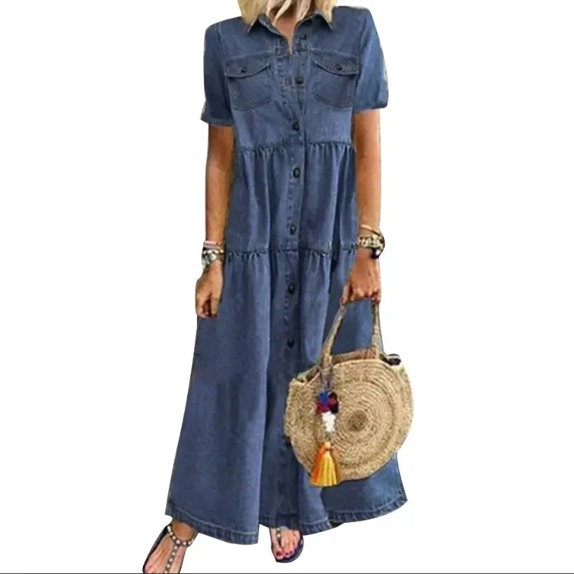 Short Sleeve Maxi Denim Women Jeans Dresses Ladies Plus Size Blue Jeans Long Dress Plus Size Women Denim Dress Women Summer