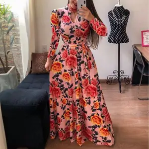 Women Sexy Club Dresses High Quality Sexy Fashion Maxi Dress Long Sleeve Ladies Women Ladies Casual Floral Long Maxi Dress With Belt