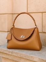 Poignée tissée douce en cuir véritable couche supérieure sac à main en cuir de vachette couleur solide ton marron chaud boucle de verrouillage unique sacs à main pour femmes