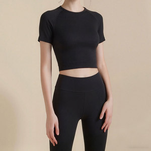 Ensemble de tenue de yoga pour femmes, taille haute, côtelé, 2 pièces, marron, col rond, sans couture, respirant, anti-transpiration, séchage rapide, uni - Product Image 3
