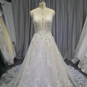 New arrival wholesale beach bridal gown with beautiful new lace sleeveless wedding dress melete Bridal