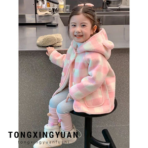 Child Star Circle Girls' Plaid Wool Coat Thickened Windproof Autumn Winter Outwear For Little Girls With Hood And Pockets - Product Image 5