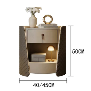 Table de chevet minimaliste italienne ronde en cuir véritable avec plateau en pierre frittée, table de chevet de luxe en bois massif pour chambre à coucher - Product Image 4