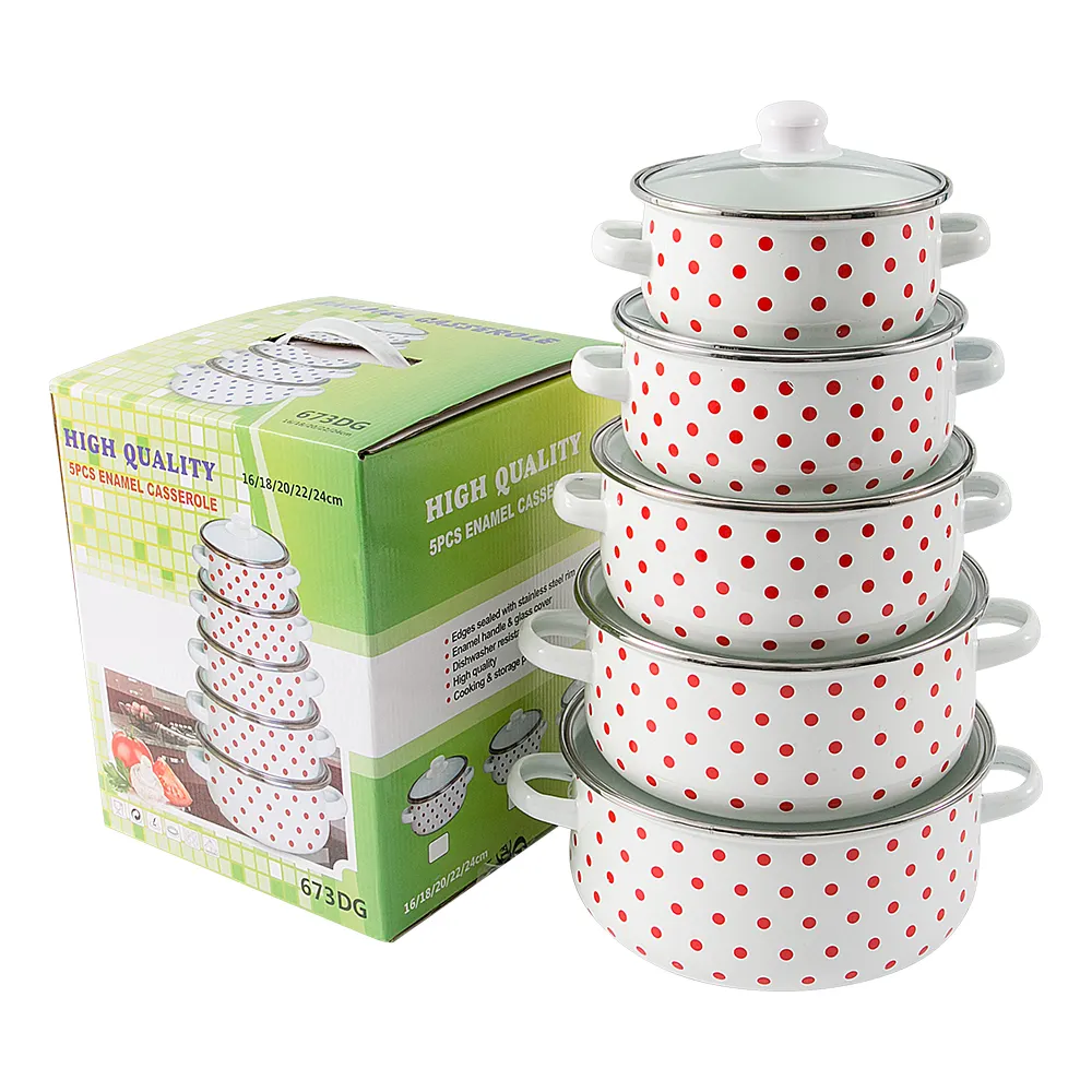 Enamelware 16-24Cm 673dg 5 Stuks Hoge Kwaliteit Rood/Wit Turkse Kookpot Met Dot Kookgerei Emaille Braadpan Set