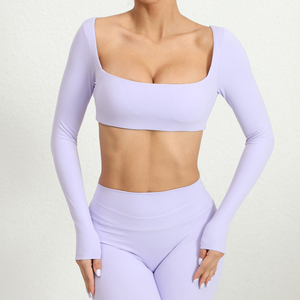 JY kaus lengan panjang untuk wanita, pakaian luar ruangan lari, baju kebugaran lengan panjang dengan bantalan dada, atasan olahraga untuk wanita - Product Image 4