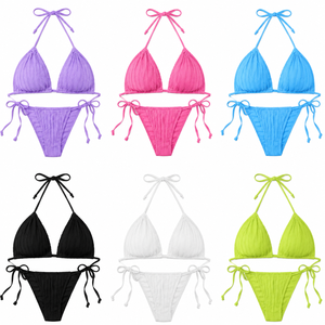 Ensemble bikini côtelé violet pour femme, haut dos nu et bas string, en Spandex et Polyester, maillot de bain deux pièces - Product Image 2