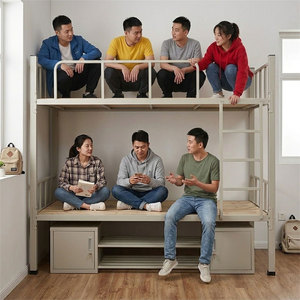 Cama litera doble metálica industrial moderna con gabinetes para dormitorios escolares, hoteles, alojamiento para el personal y sitios de construcción - Product Image 2