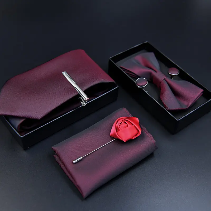 Men's tie gift 6-piece set party wedding red navy blue tie cufflink hanky gift box packaging set